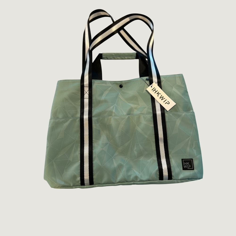IHKWIP XL Carryall Tote Sage Green Geometric Water Resistant Travel Bag NWT